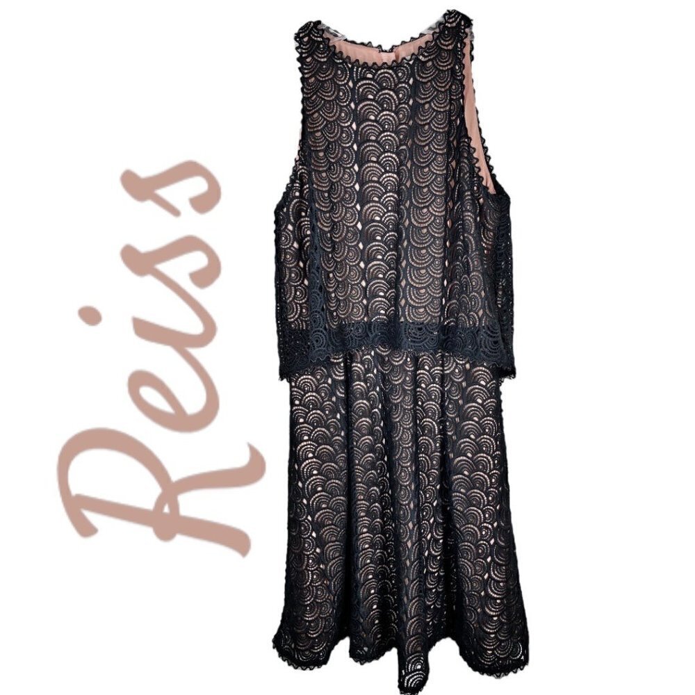 NWT REISS Remi Tiered Black Lace Pink Lined Crochet Sleeveless Cocktail Dress, 4